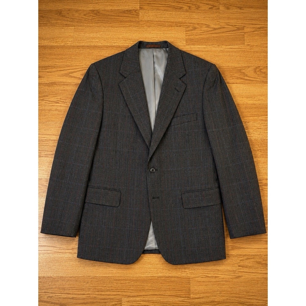 Savile Row Suit Mens 39R Charcoal Windowpane Two Piece Wool Blend Pleated